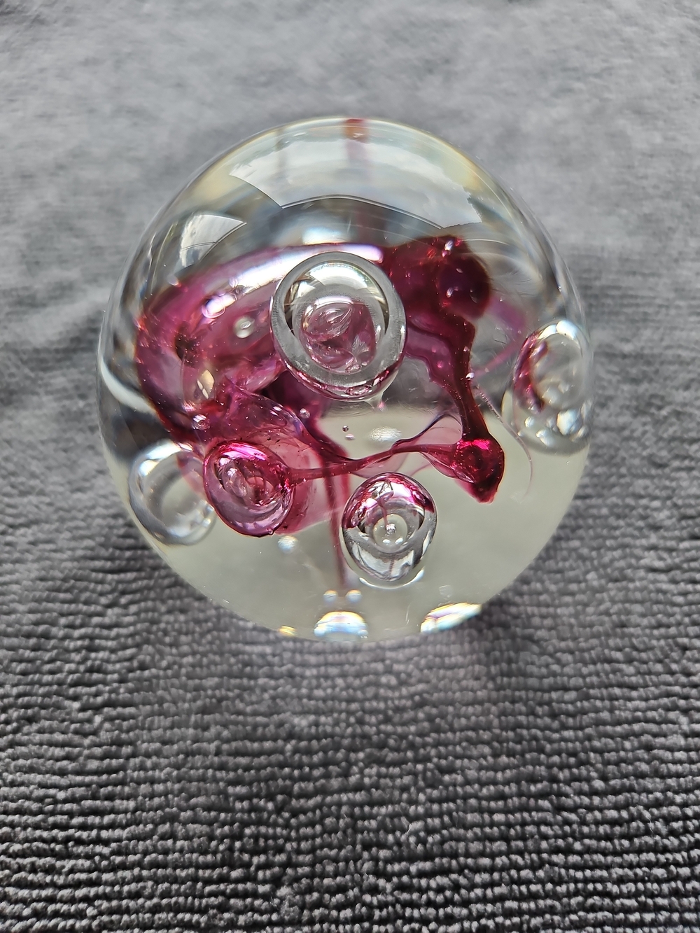 Rollin Karg Signed Hand-Blown Art Glass Paperweight -Magenta & Controlled Bubble